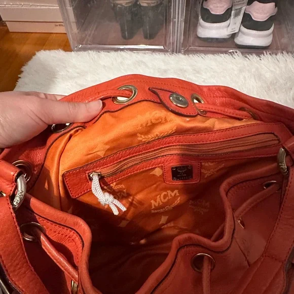 MCM Orange Leather Hobo Bag with Gold Details - Picture 5 of 16